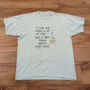 VTG Fishing Worms Adult XL Shoebox Hallmark Blue Funny Joke Single Stitch Y2K